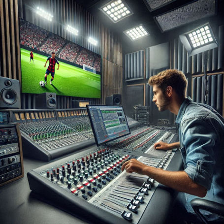 A production studio with a sound engineer adjusting audio levels while a soccer match plays on multiple screens.