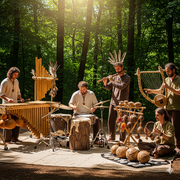 A group of five musicians playing instruments made from natural materials in a sun-drenched forest.