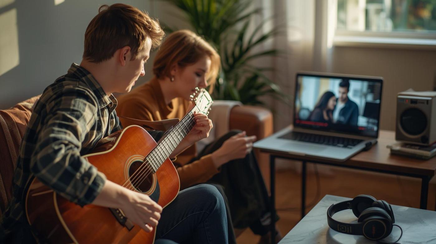 Two creatives share music and movies in a bright, modern living space.