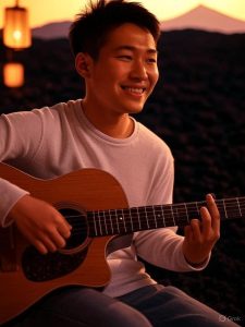 local musician playing acoustic guitar under soft lights in a Jeju lounge