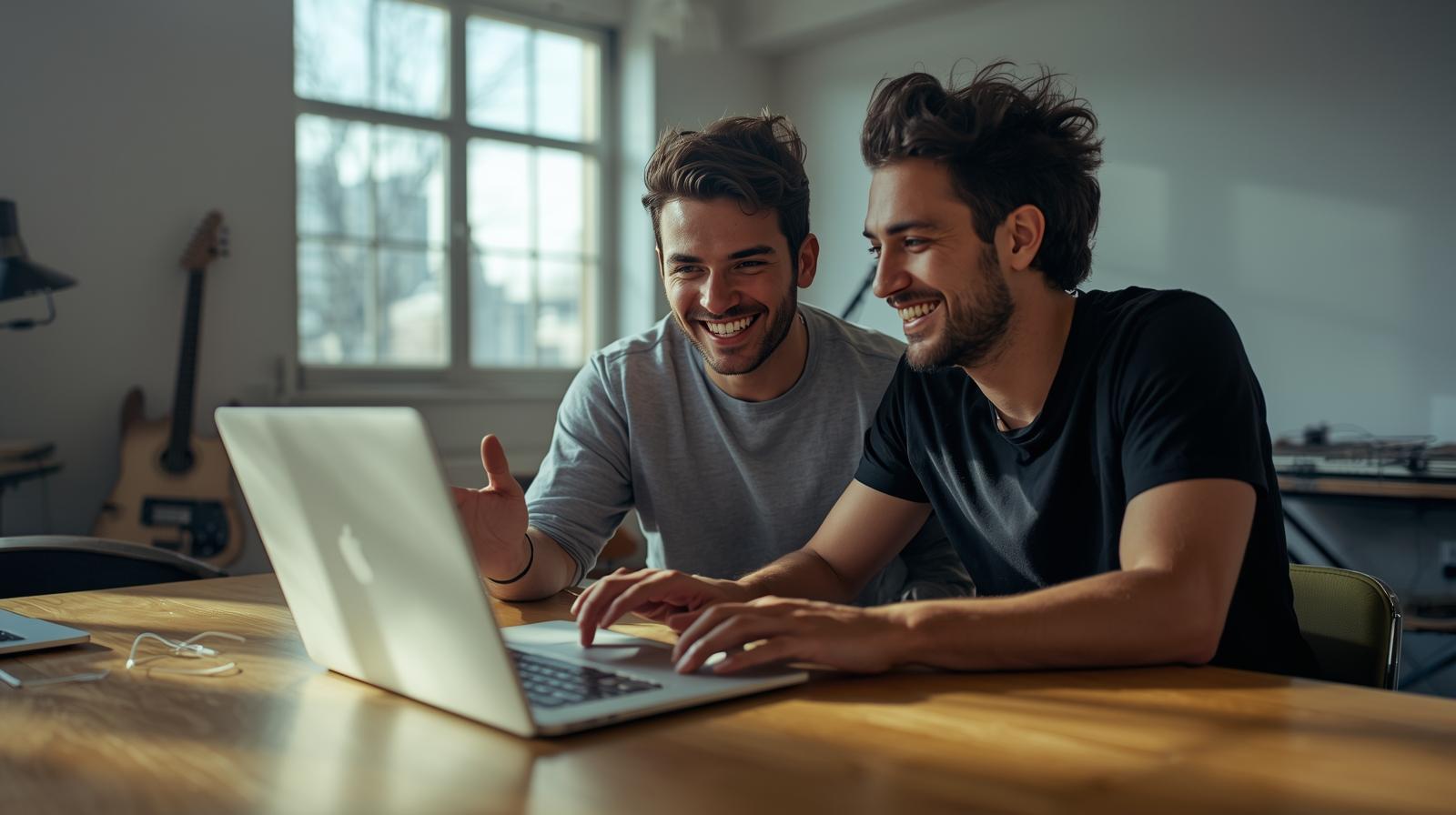 Musicians smiling while planning website launch inside bright rehearsal studio.