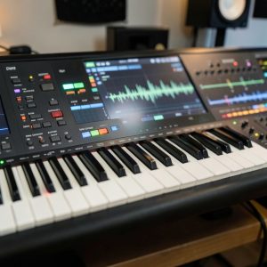 Close-up of a DAW piano roll with swung hi-hats and off-grid drum notes, waveform display, modern music production setup, soft studio lighting, emphasizing rhythm and groove