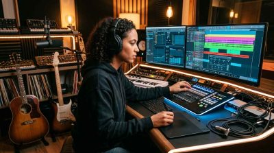 A close-up of a musician working with a digital audio workstation, visible rhythm and tempo controls, headphones and musical instruments nearby